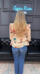 floral smocked top, botanical print blouse, ruffle shoulder blouse, cotton floral top, plus size floral blouse, lightweight woven top, 3/4 sleeve floral shirt