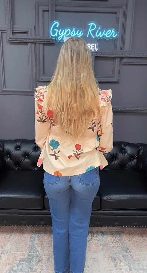 floral smocked top, botanical print blouse, ruffle shoulder blouse, cotton floral top, plus size floral blouse, lightweight woven top, 3/4 sleeve floral shirt