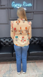 floral smocked top, botanical print blouse, ruffle shoulder blouse, cotton floral top, plus size floral blouse, lightweight woven top, 3/4 sleeve floral shirt