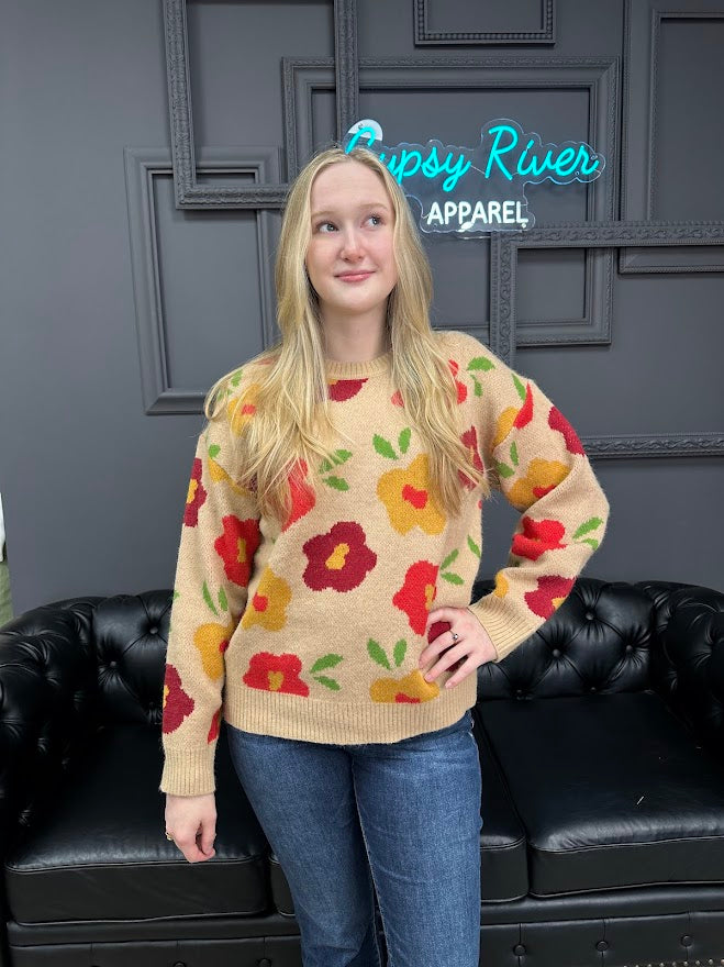 floral sweater, fall knit top, colorful sweater, women’s boutique sweater, cozy flower sweater, soft knit pullover, tan floral top, fun fall outfit, bright sweater for women, casual chic knit