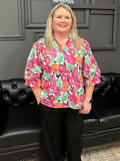 floral button down top, balloon sleeve blouse, women’s cotton blouse, colorful floral top, boutique blouses, everyday tops, Gypsy River Apparel