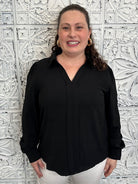 Black Long Sleeve V Neck Collared Blouse 