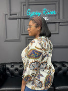 boho blouse, paisley print top, puff sleeve blouse, split neck top, flowy bohemian top, boutique blouse, lightweight blouse, fall boho fashion, women’s patterned top, chic casual blouse