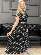 polka dot midi dress, black and white dress, smocked waist dress, boutique midi dress, regular and curvy dress, collared midi dress