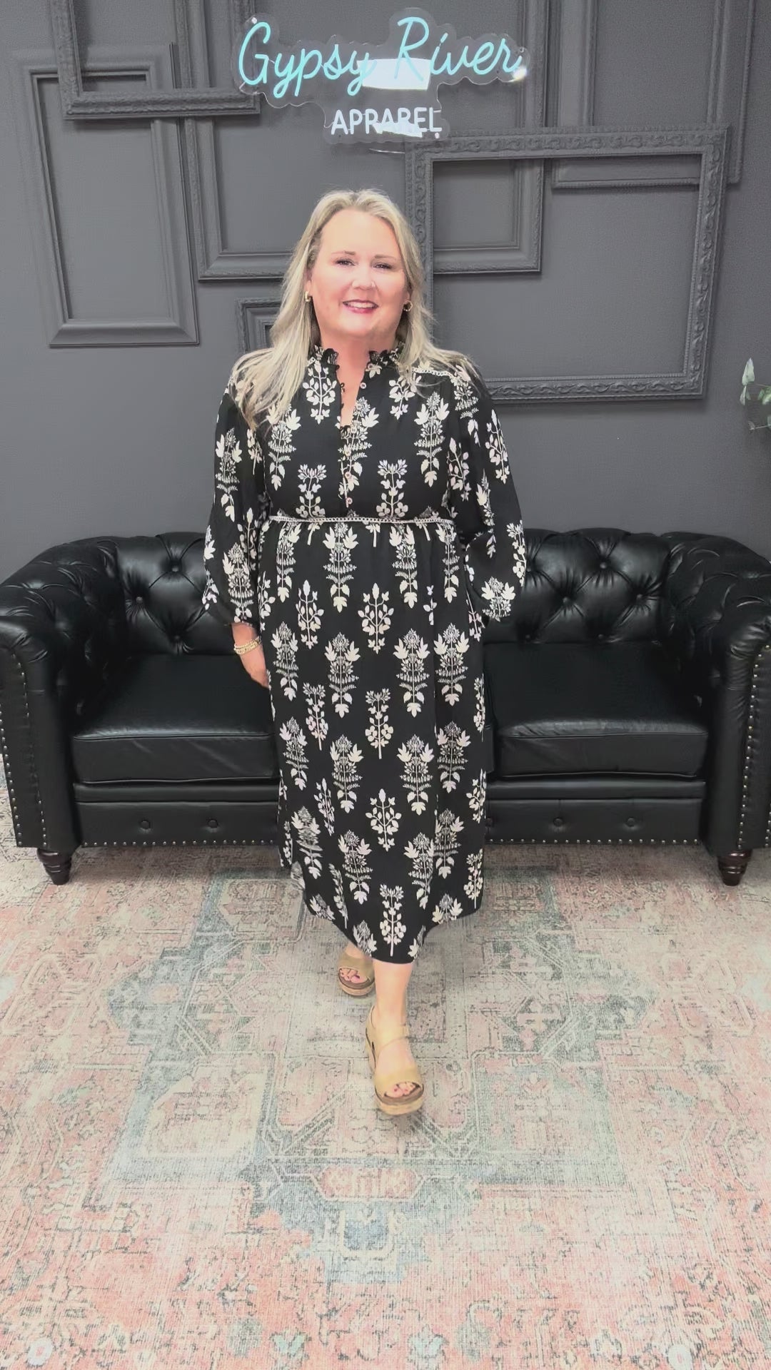 floral midi dress, smocked neck dress, women’s midi dress, lined floral dress, boutique dresses, everyday midi dress, Gypsy River Apparel