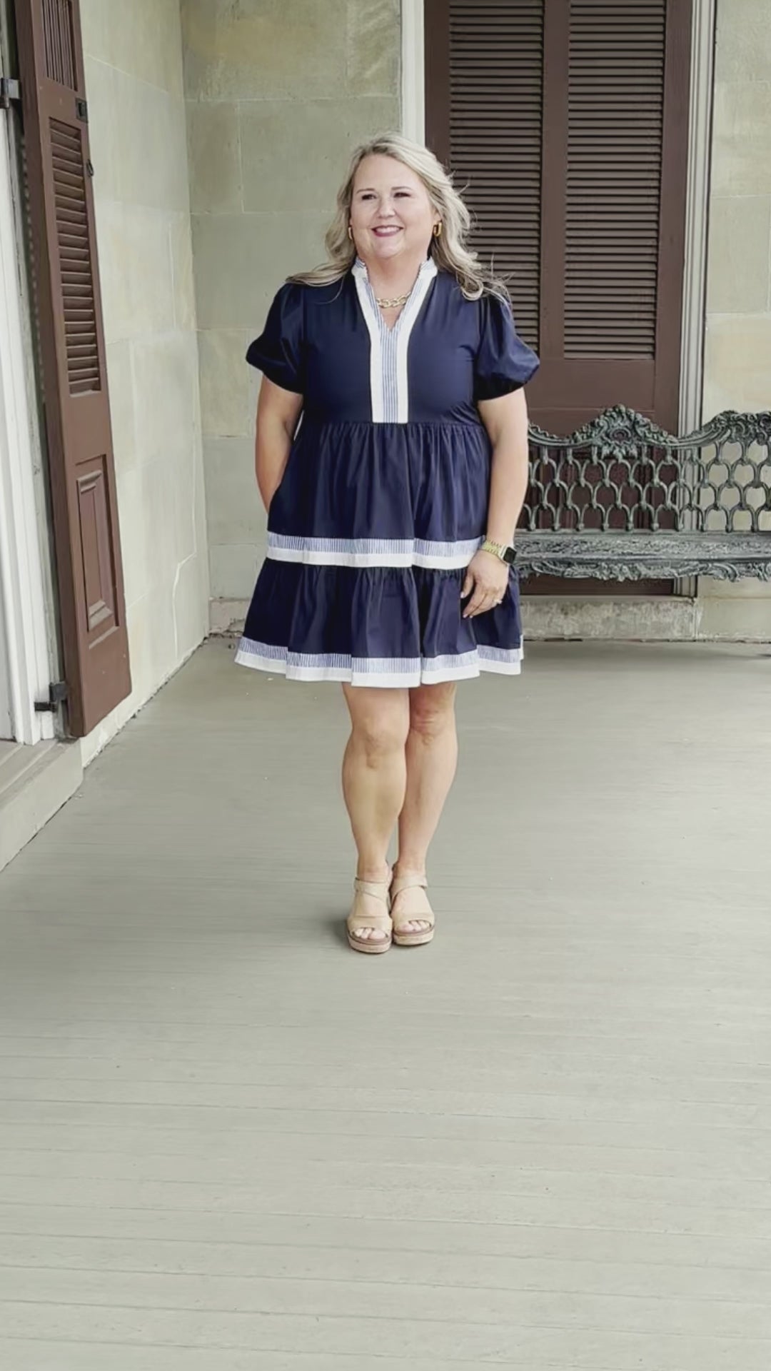 navy babydoll dress, puff sleeve dress, stripe trim dress, cotton summer dress, tiered dress with pockets, boutique navy dress