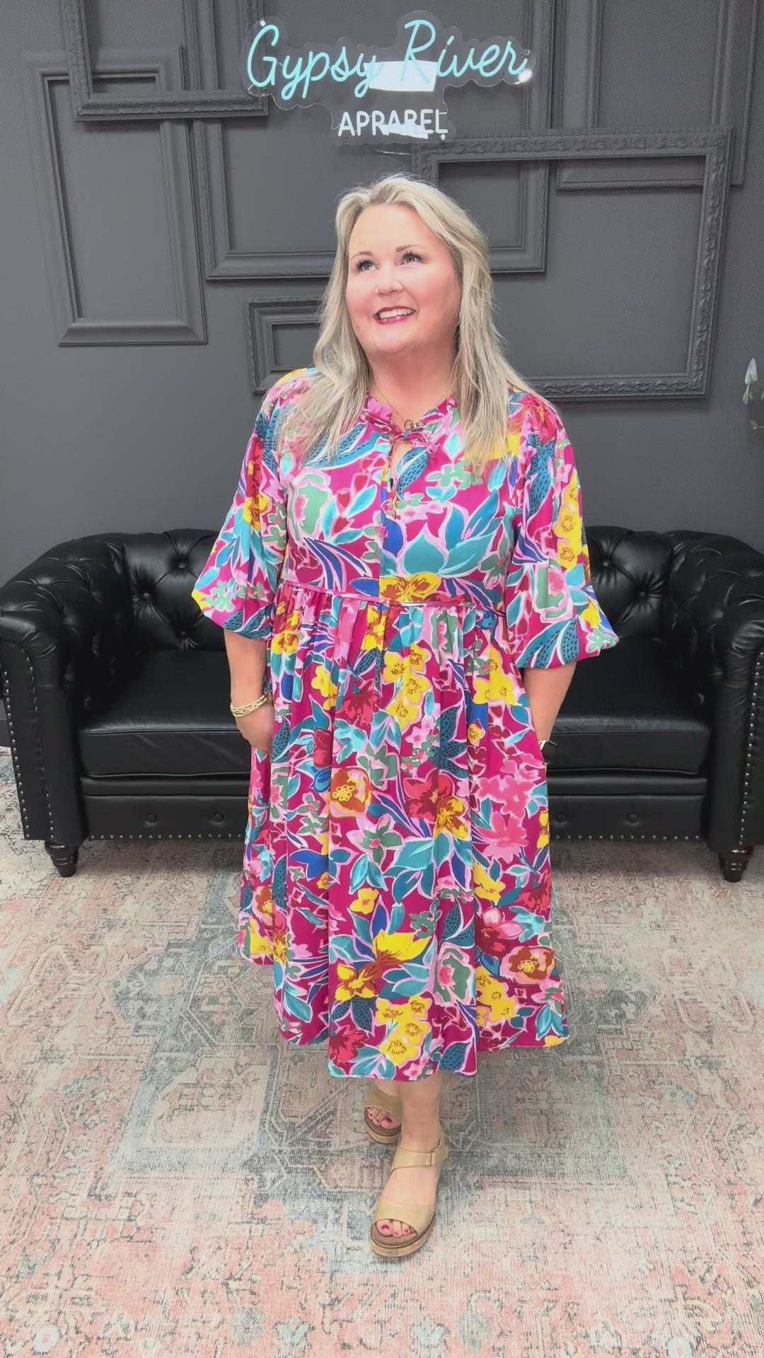 floral peasant dress, boutique floral dress, puff sleeve dress, v notch dress, women’s floral dress, casual midi dress