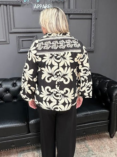 printed blouse, ruffled neck top, fringe detail blouse, women’s long sleeve blouse, boutique tops, everyday blouse, Gypsy River Apparel