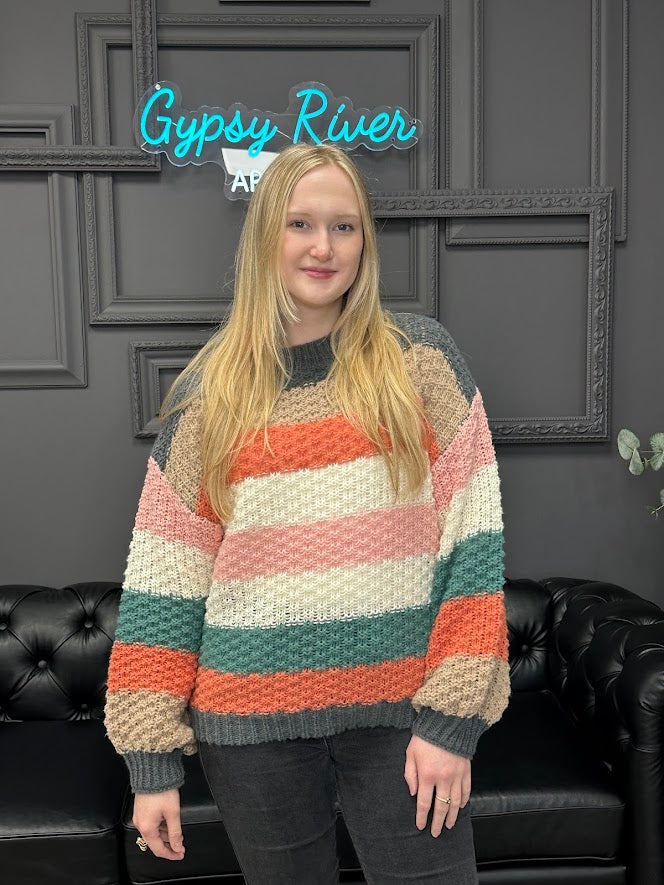 striped sweater, fall sweater, textured knit sweater, cozy pullover, boutique knitwear, chunky sweater, multicolor stripe top, oversized sweater, fall outfit, soft casual sweater