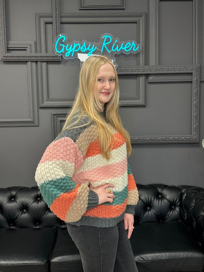 striped sweater, fall sweater, textured knit sweater, cozy pullover, boutique knitwear, chunky sweater, multicolor stripe top, oversized sweater, fall outfit, soft casual sweater