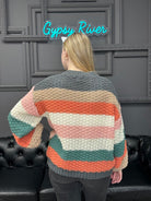striped sweater, fall sweater, textured knit sweater, cozy pullover, boutique knitwear, chunky sweater, multicolor stripe top, oversized sweater, fall outfit, soft casual sweater