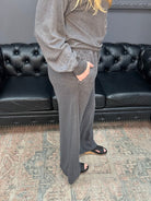 Gypsy River Apparel – Women’s charcoal gray wide leg lounge pants with elastic waistband and side pockets, soft knit casual bottoms for everyday wear.